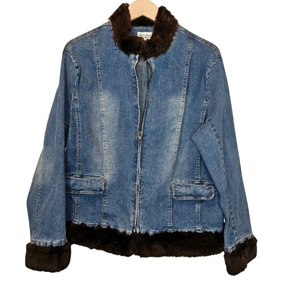 cervelle Jackets & Blazers - Cervelle Vintage Stretch Denim Blue Faux Brown Fur Trim‎ Zipper Jacket Size 1X